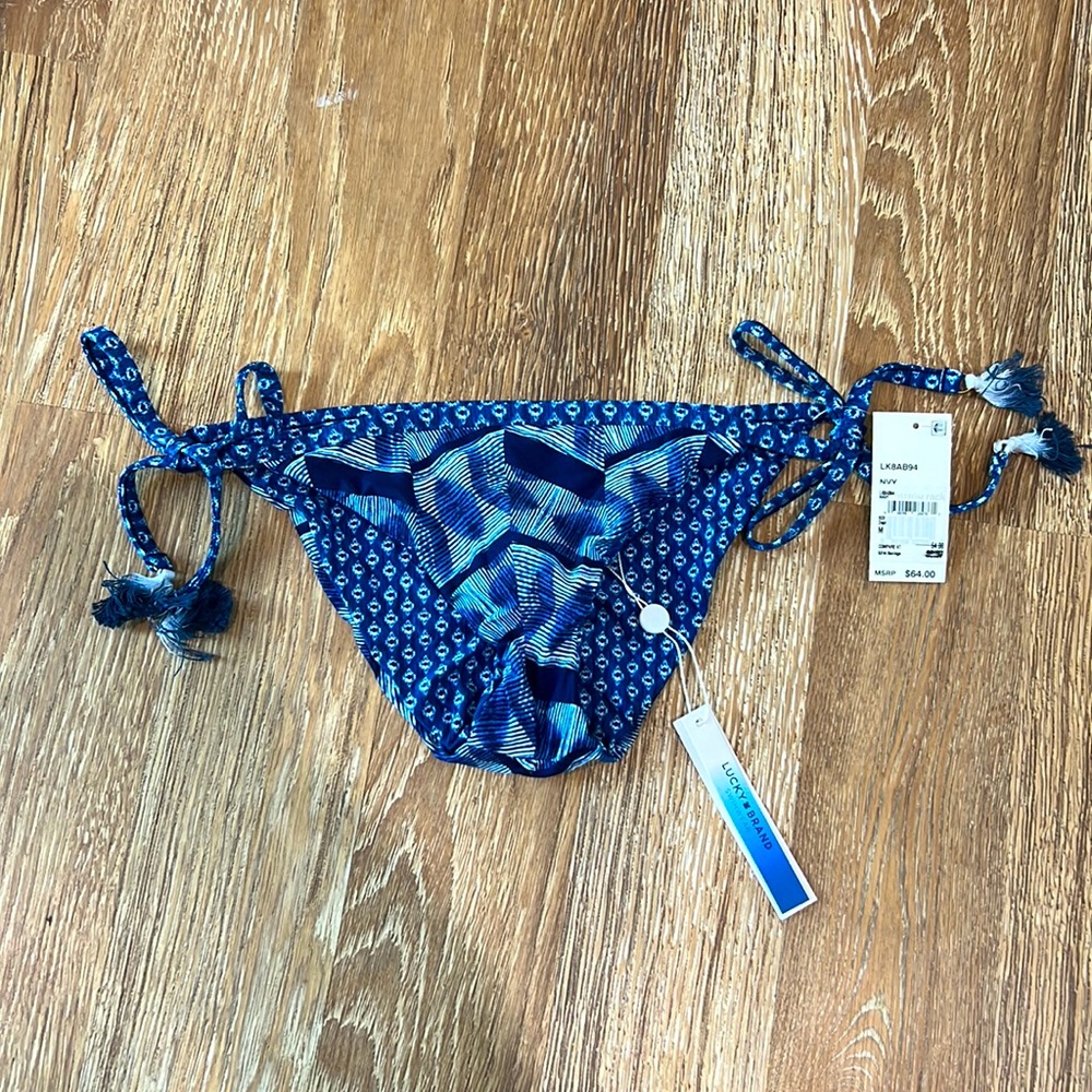 Lucky brand string bikini bottoms, blue feather, women’s size medium